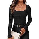 ZESICA Women's Long Sleeve Shirts 2026 Spring Fashion Square Neck Slim Fit Basic Going Out Tops Trendy Outfits