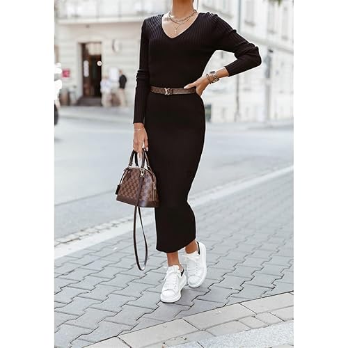 COMEYES Women's Knitted Dress V Neck Long Sleeves Knitted Fall Winter  Elegant Ribbed Solid Color Maxi Dress Daily Clothing (Black,XXL) in Saudi  Arabia | Whizz Dresses