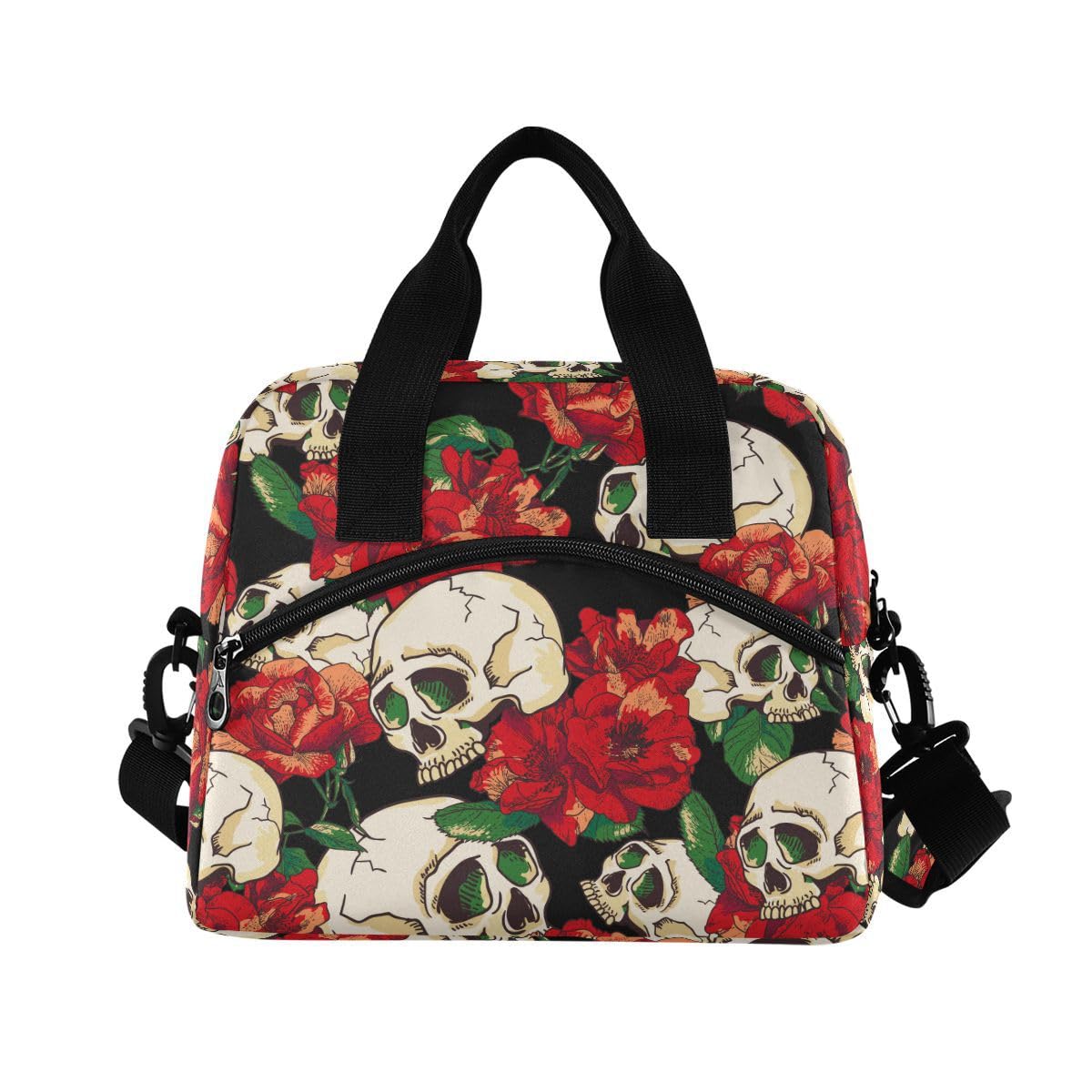 ALAZA Lunch Bags for Women Girls Boys, Skull and Flower Insulated Lunch Box with Shoulder Straps and Handle, Crossbody Tote Lunch Bag for School Office