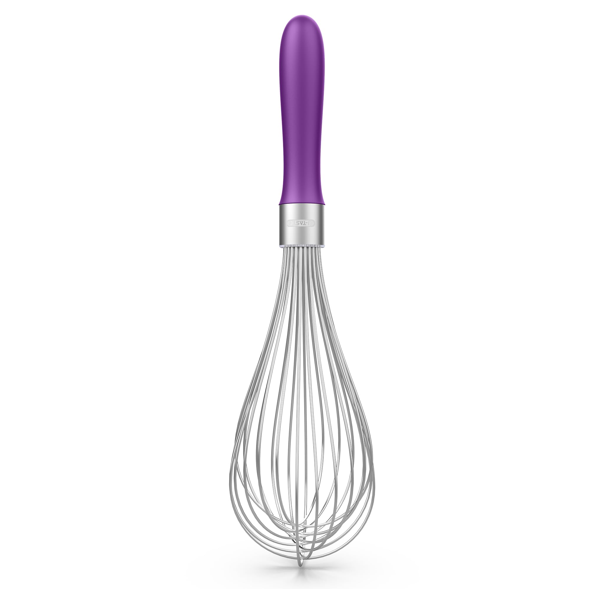 U-Taste Kitchen Whisk: 18/10 Stainless Steel Balloon Whisk 30 cm Large Egg Beater with 12 High Flex Wires and Non-Slip Silicone Handle for Whipping Blending Mixing Batter Creams Sauces (Purple)