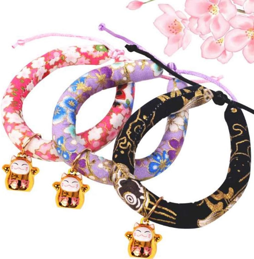 Hpybest Japanese Style Handmade Adjustable Dog Cat Collar 3 Size Printed Necktie Necklace With Bell for Puppy Kitten Pet Cat Accessories (S)