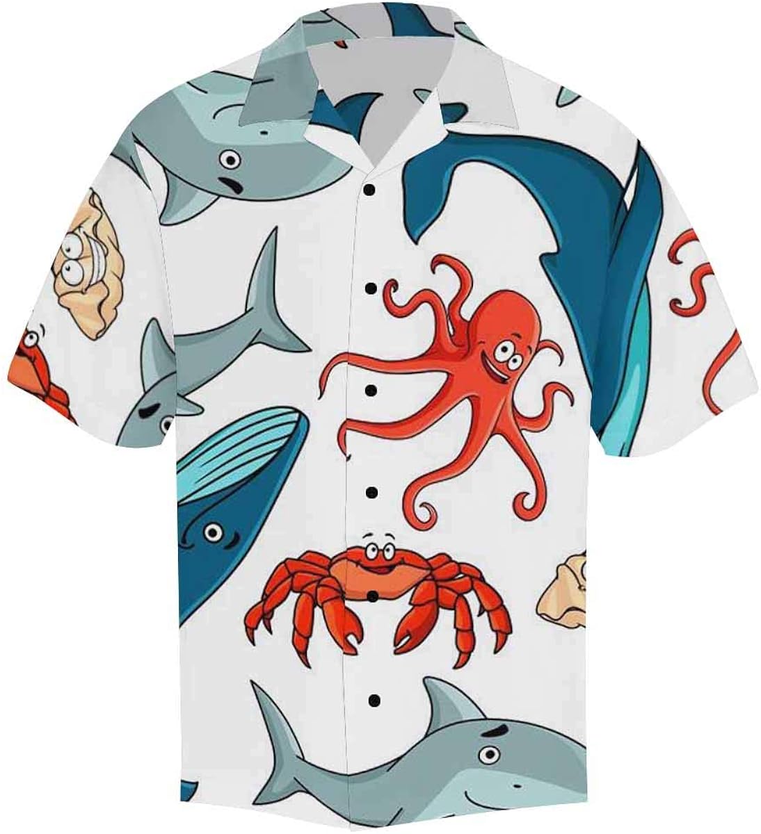 INTERESTPRINT Men's Short Sleeve Hawaiian Shirts with Black Button V-Neck Red Crab and Octopus, Shark, Seashell and Whale