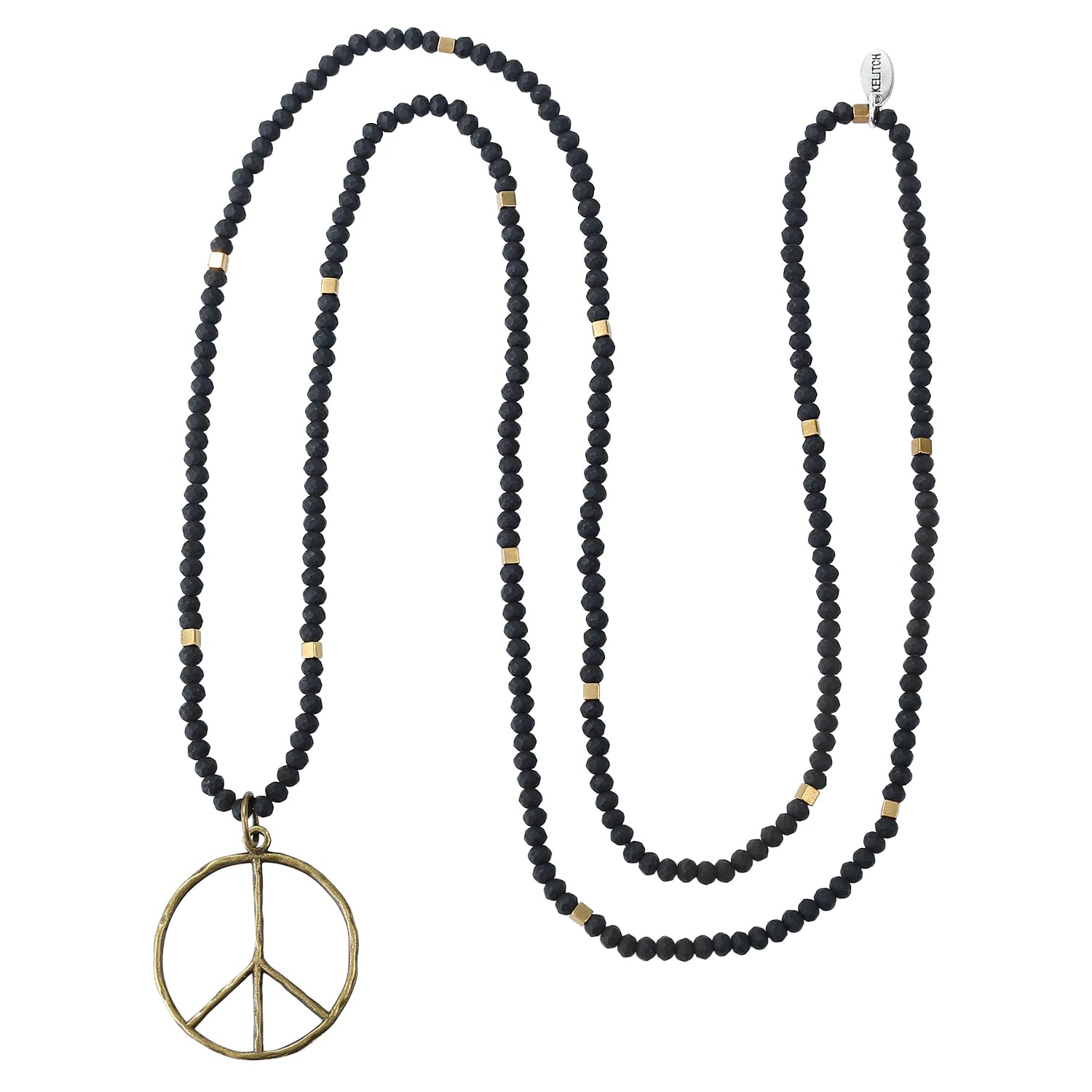 KELITCH Classic Peace Pendant Necklace Love Hippie Frosted Crystal Beaded Long Chain Necklaces (Matte Black)