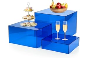 Bouiexye 3Pcs Blue Buffet Risers Acrylic Boxes Display Food Risers for Buffet Table Platter Parties Weddings Catering Dessert Collectibles Figures Show ( 6''x7''x8'')
