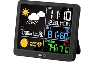 MeesMeek Home Wireless Weather Stations-Indoor Outdoor Thermometer Forecast Station,Auto Light Sensing Moon Phase Tide Barometric Pressure Alarm Alert with RCC Radio Atomic Clock Digital Calendar