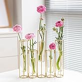 Bigsee Test Tube Vase for Flowers, Glass Vase with Metal Stand Racks Hydroponic Test Tube Vase Set of 5, Gold Hinged Plant Vases Display Set Table Centerpieces Vases for Home Decor