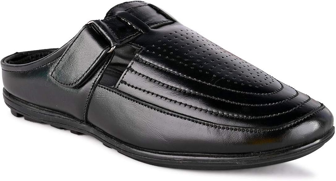 Amazon.com | EeSTILO Men's Black Genuine Leather Ultra Comfort Casual Mules|Back Open Loafers-9 