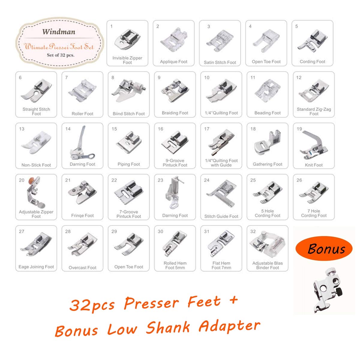 Windman 32Pcs Sewing Machine Presser Feet Set Include Instructions and Deluxe Package for Brother Singer Janome Babylock Low Shank Sewing Machine Use