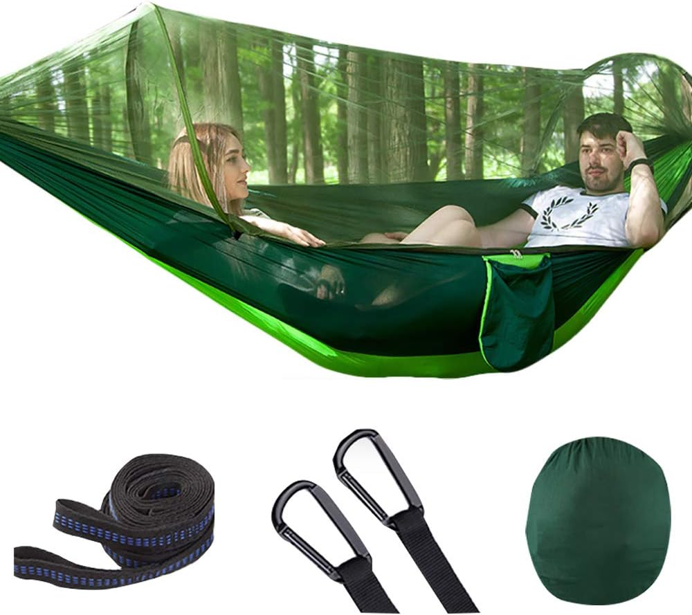 U/N Camping Hammock with Wide Lay Flat and Mosquito Net, Safe and Cozy, Durable Parachute Nylon Hanging Tent with Tree Straps, Portable Hammock for Outdoor, Indoor, Blue/Green: Sports & Outdoors