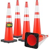 BATTIFE 5 Pack 36 Inch Traffic Cones, Orange PVC, Black Weighted Base | 7.3-lb black weighted base; PVC safety cone with 2 reflective collars for construction, roads, driveways, parking lots.