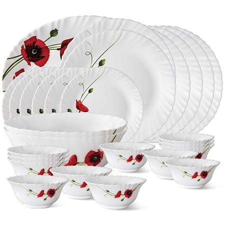 Larah by Borosil R.Carnation Opalware Dinner Set, 27-Pieces, White