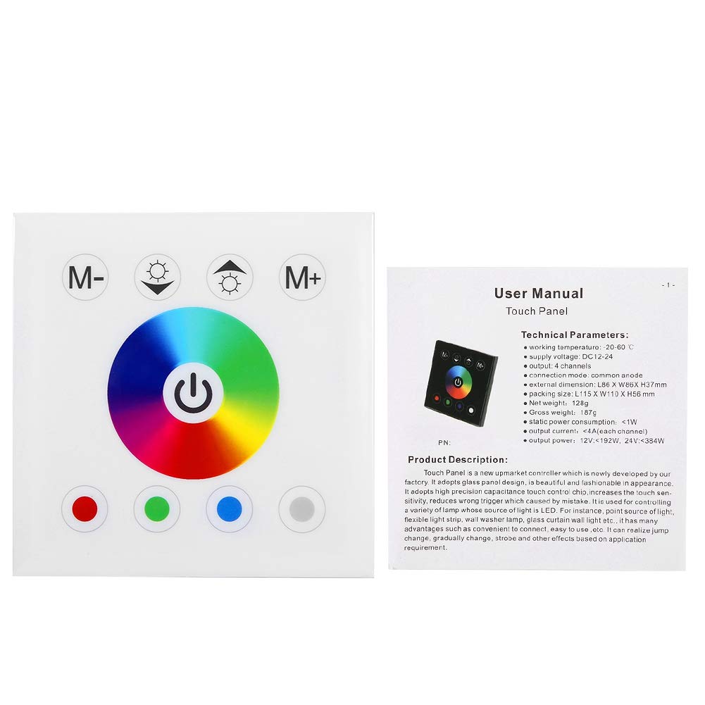 RGB Touch Panel Wall Mounted Touch Panel Led Strip Controller And Remote with DC 12 24V for RGB/RGBW/RGB+CCT Color Changing LED Strip Light(white)