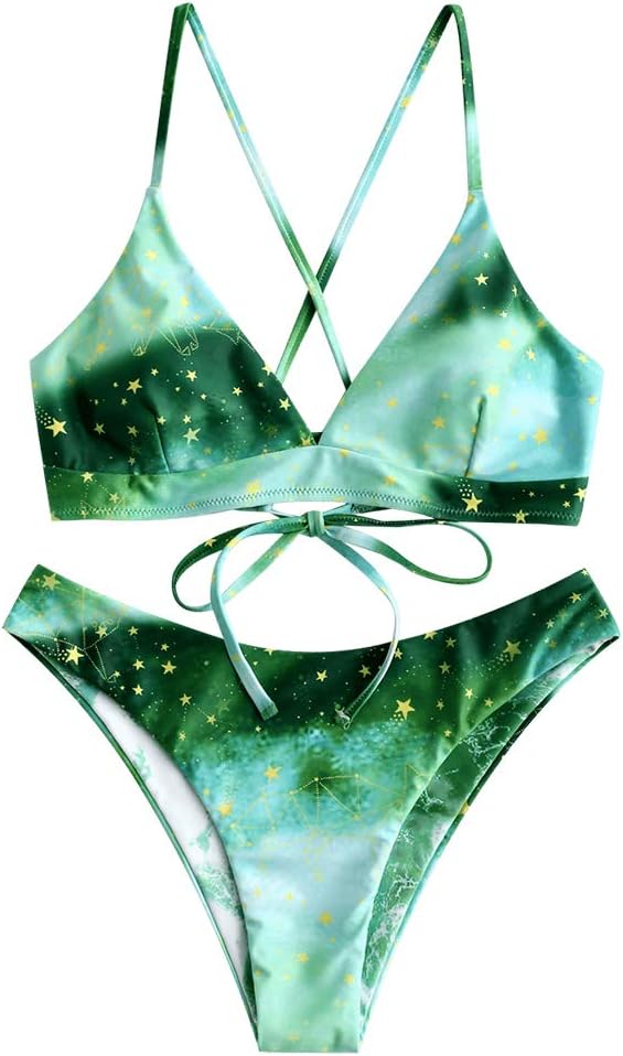 Women's Spaghetti Straps Sun and Moon Lace Up Two Pieces Bikini Set