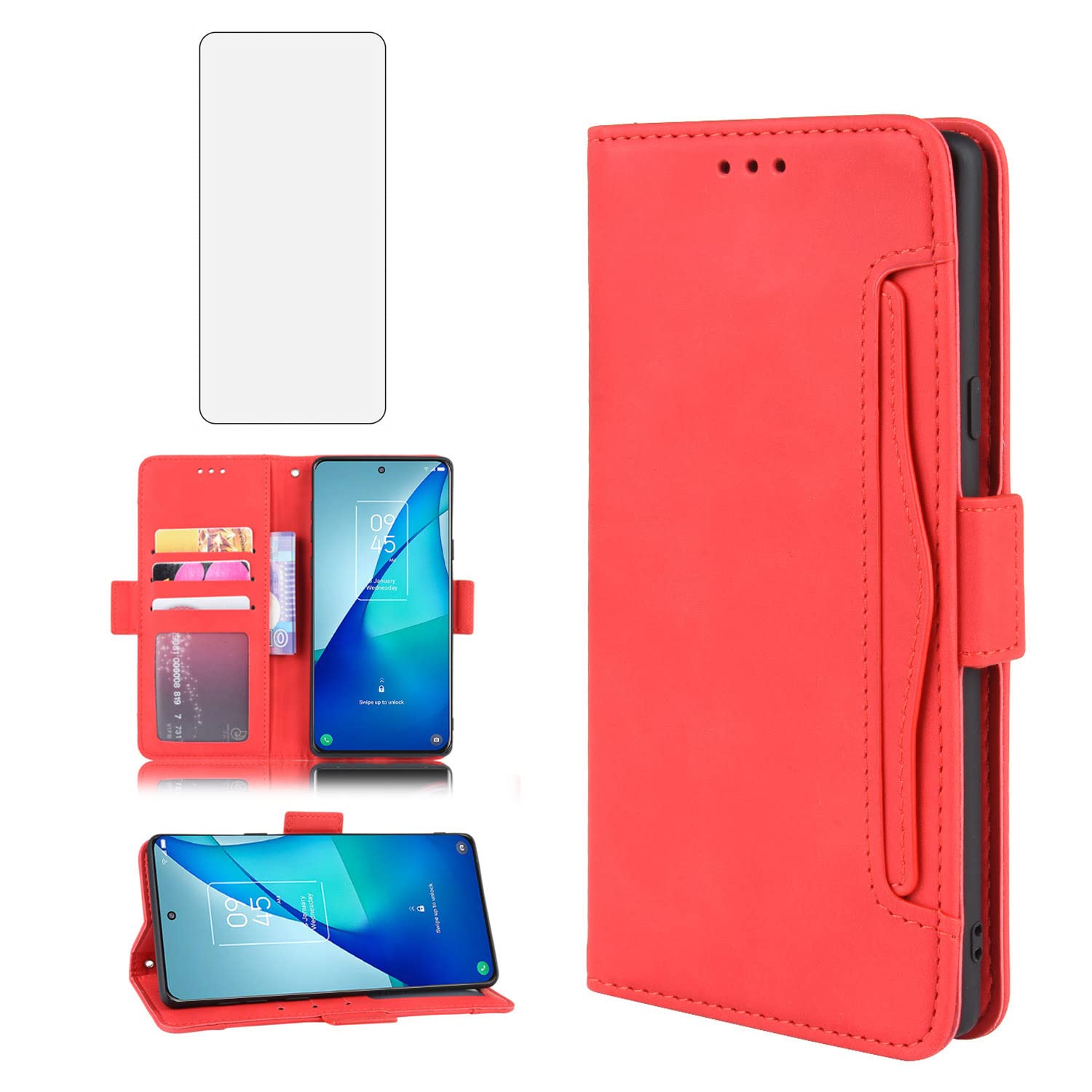 Asuwish Compatible with TCL 20S/20 5G/20L/20L+ Plus Wallet Case and Tempered Glass Screen Protector Card Holder Credit ID Slot Flip Cell Accessories Phone Cover forTCL20S TCL20L+ Women Men Red