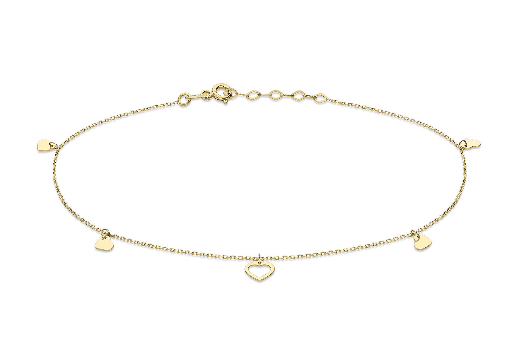 CARISSIMA Women's 9ct Yellow Gold 4.8mm x 4mm Open and Closed Heart Adjustable Anklet 23cm/9"-25.5cm/10"