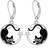 Cat Earrings for Women 925 Sterling Silver Black Cat Leverback Dangle Moon Earrings Cute Animal Earrings Gift