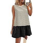Wenrine Womens Striped Sweatshirt Dress Casual Sleeveless Crewneck Constrast Patchwork Loose Tank Mini Dresses