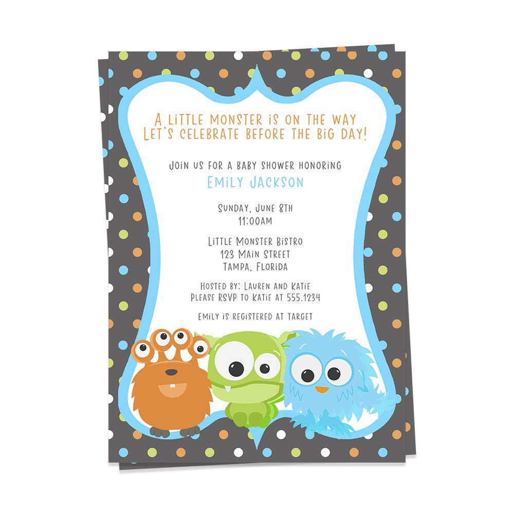Amazoncom Monster Baby Shower Invitations Little Monster Invites Chevron Stripes Polka Dots Blue Orange Green Gray Grey Its A Boy 12 Count Baby
