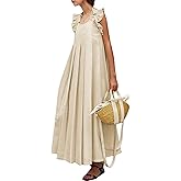RONICY Boho Ruffle Maxi Dress Women Sleeveless Pleated Skirt Casual Sundress Summer Vacation Outfits Loose Fit Beach