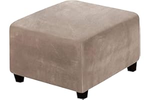 ADPON Square Velvet Ottoman Covers Ottoman Slipcover Square Footstool Protector Covers Storage Stool Ottoman Covers Stretch with Elastic Bottom (Medium,Taupe)