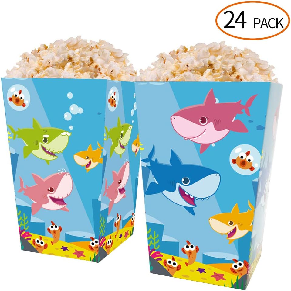 HYOUNINGF 24 PCS cute Shark Theme Mini Popcorn Party Favor Boxes, Treat Boxes Candy Cookie Containers for Baby Shower or Birthday Party Favor Supplies Decorations