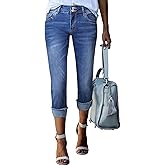 Sidefeel Women's Capri Jeans High Waisted Stretchy Roll-up Skinny Cuffed Cropped Zimbaplatinum Summer Capri Pants