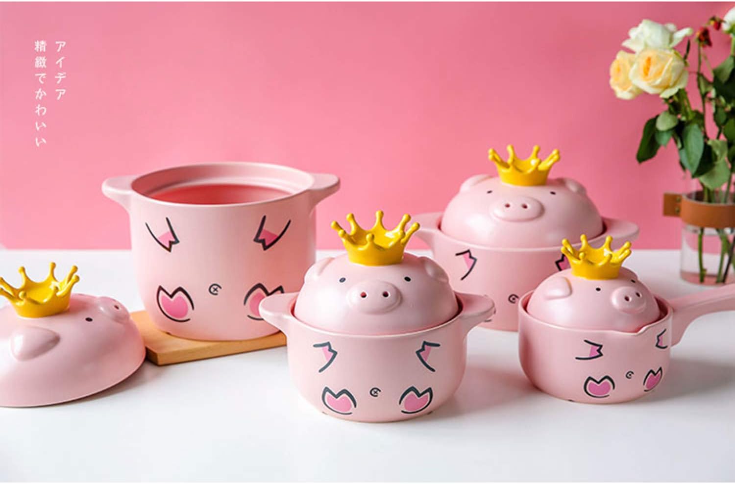 Amazon ピンクのかわいいブタの鍋料理 家庭用ガスの耳のハンドルセラミックシチューポット 片手鍋 ソースパン オンライン通販