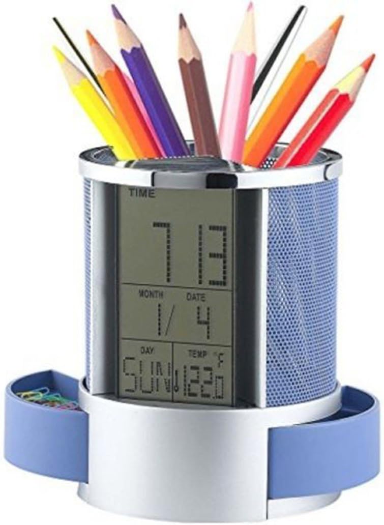 Digital Led Alarm Clocks Mesh Pen Pencil Holder Calendar Timer Temperature Grid LCD Clock Time Temp Multifunctional Display Container Supplies Pens for Home Office School with Desktop Study (Blue)