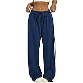 BEAUDRM Women's Y2K Baggy Sweatpants Wide Leg Track Pants Striped Low Rise Drawstring Pant Joggers Streetwear