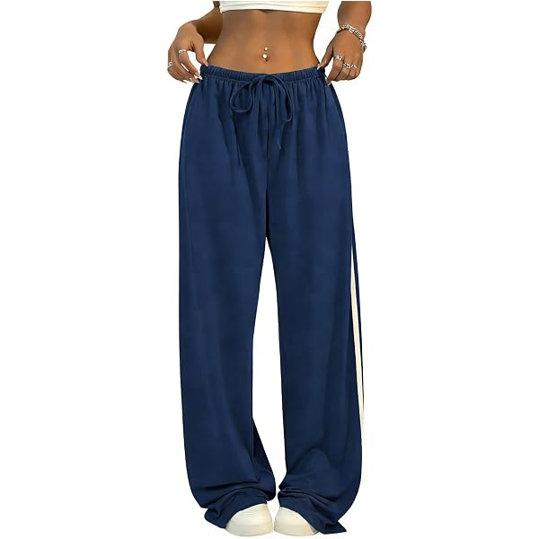 Angsuttc Wide Leg Pants Women Drawstring Side Split Sweatpants With Stripes Casual Elastic High Waist Long Pant