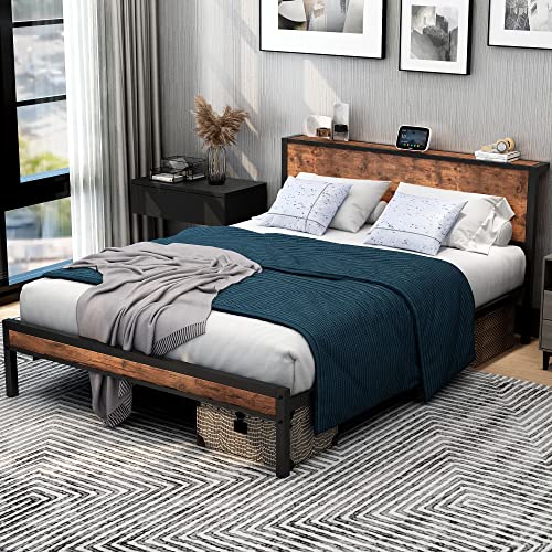 DUMEE Queen Bed Frame with Wood Storage Headboard, Metal Platform Bed Frame Queen Size Mattress Foundation No Box Spring Needed, Noise Free, Black & Rustic Brown