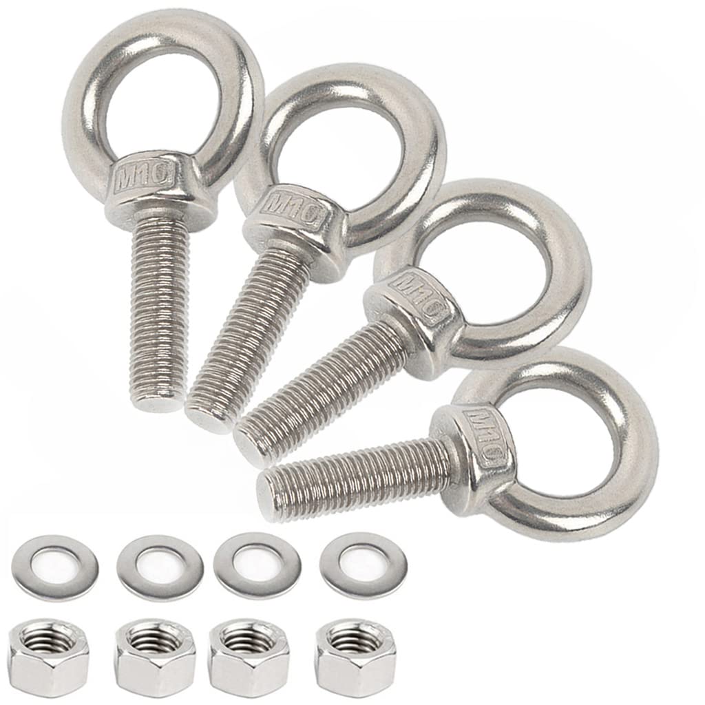 AIVOOF Stainless Steel Eye Bolts, 4 Pack M10 Shoulder Eye Bolt 1.2" Heavy Duty EyeBolts Screws in Eye Hooks with Washer and Nuts for Lifting Ring Eyebolt Thread Length 30mm