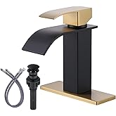 Black and Gold Bathroom Faucet, ARCORA Waterfall Faucet for Bathroom Sink Single Handle Mixer Tap Lavatory Vanity Faucet with Deck Plate and Pop Up Drain, 1 or 3 Hole