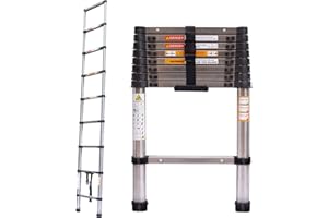 DICN Telescoping Ladder 8.5ft/2.6m Stainless Steel Telescopic Extension Ladder Heavy Duty Collapsible Ladder Non-Slip Angled Feet Securing Strap Delicate Design for Home Loft RV Ladder 330 lbs Capacity
