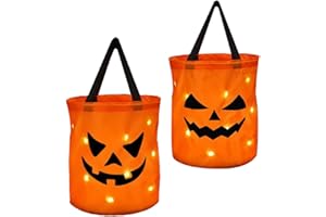 INIFLM 2 PC LED Light Halloween Candy Bags, Light LED up Halloween Trick or Treat Bucket Pumpkin Candy Bags Collapsible Ghost Halloween Basket for Kids Halloween Birthday Party(Orange 2)