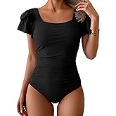 Eomenie Women's Tummy Control One Piece Swimsuit Ruffle Square Neck Bathing Suit Ruched Cutout Back Slimming Swimwear