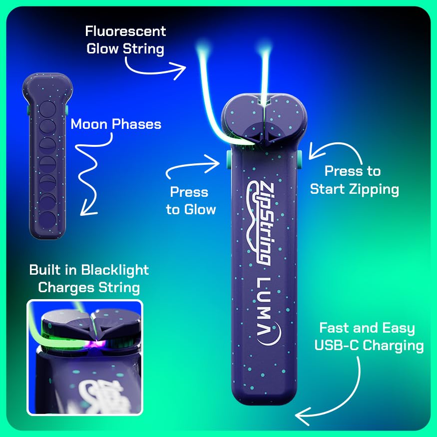 ZipString Luma - The Patented Glow-in-The-Dark Toy That Flies a Loop of String, Creates Endless Shapes and Tricks Built-in LED for Glowing Fun. Perfect STEM Gift for Kids & Adults. Wonderment Awaits