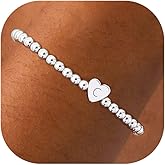 Valentines Day Gifts for Women Her - Dainty Beaded Heart Initial Bracelets Letter A-Z Charm Stretch Bead Ball Bracelet Trendy Jewelry Gifts