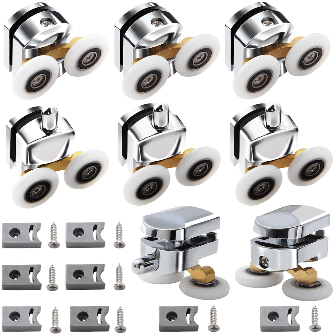 Shower Door Rollers with Twin Wheels Pulleys 25 mm for Curved Doors Glass Doors 4-6mm,8pcs Bathroom Replacement Parts Chrome Plated with Anti-Collision Block and Screws 2Top & 2Bottom (8)