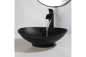 MEKKHALA Black Oval Bathroom Vessel Sink with Faucet and Drain Combo - 16"x14" Matte Black Stone Resin Bowl Sink for Above Counter Vanity