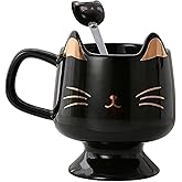 Yuwu Ceramic Coffee Mug, Cute Cat Tea Mug with Spoon, Funny Gifts for Women Girls for cat lovers (Black)