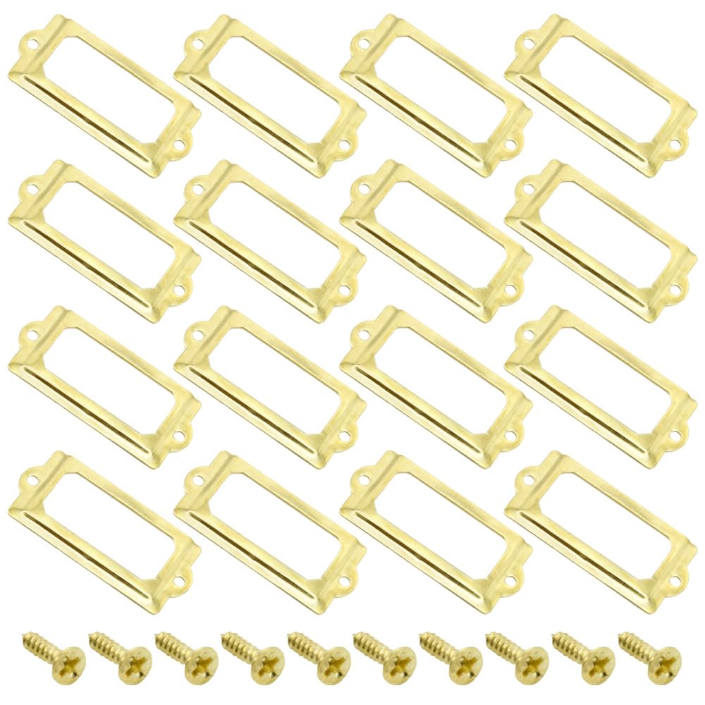 Yosawo 30Pcs Label Holder Metal Card Tag Holder Furniture Drawer Cabinet Tag Frame with Screws for Cabinets, Boxes, Shelf, Drawer, Wine Cellar and House Decoration(70 * 33mm/Gold)