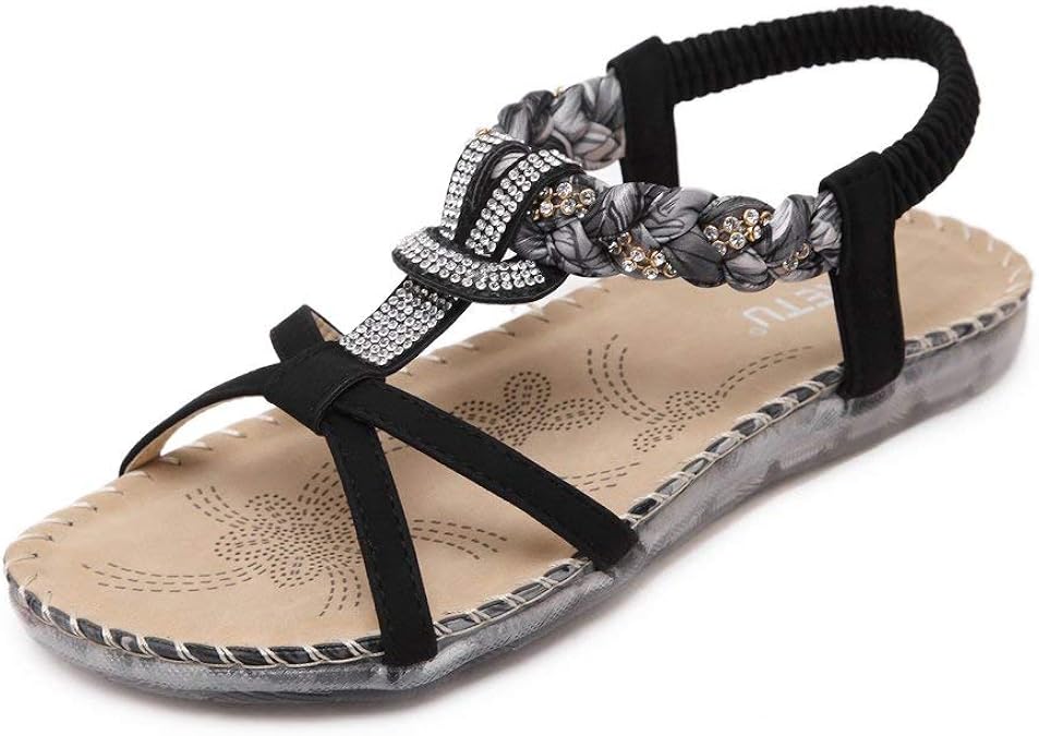 KUYUPP Bohemian Ladies Thong Sandals Diamond Beads Slippers Ankle Slingback Flats Flip Flops 