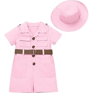 FYMNSI Safari Outfit for Girl & Boy, Toddler Baby Zoo Keeper Jumpsuit with Hat, Jungle Explorer Birthday Themed Clothes 0-5Y
