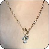 Chunky Cross Necklace for Women Two-Tone Hammered Cross Pendant Necklace Elegant Jewelry for Women 14k Gold or Silver Plated A Faith-Inspired Statement Piece for Religious Christian Jewelry 19.68 inch Paperclip Chain