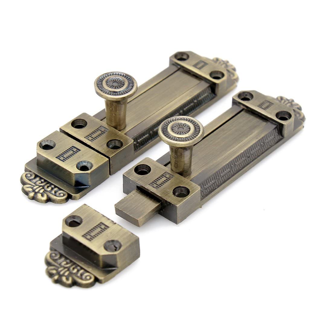 Photo 1 of 2 PCs Barrel Bolt Latch - Slide Door Lock Finished with Antique Brass Color with Screws, Length 4.3-in (11 cm)