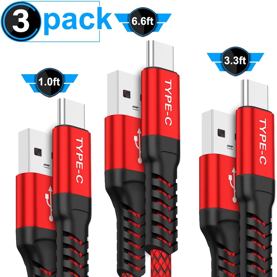 USB Type C Cable, AkoaDa 3-Pack (1/3.3/6.6ft) USB to USB C Cable Nylon Braided Fast Charger Cord Compatible Samsung Galaxy Note 10 9 S8 9 10 Plus,Google Pixel 2 XL,LG G5 G6 V20, Moto Z Z2(Red)