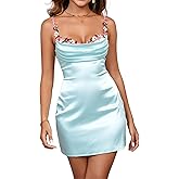 Women's Satin Spaghetti Strap Slip Mini Dress Floral Sleeveless Formal Wedding Guest Club Evening Sexy Short Dresses