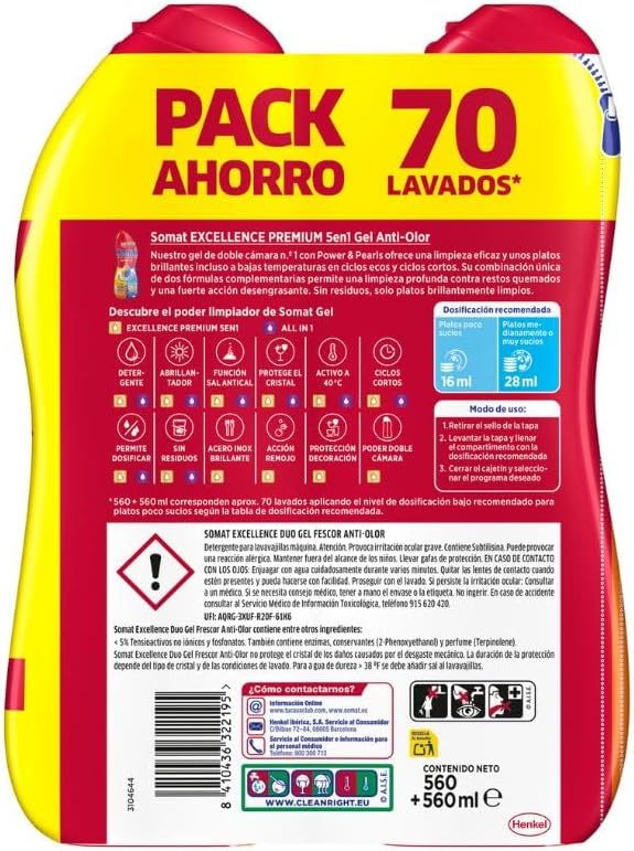 Somat excellence gel frescor anti-odor (70 lavagens), detergente desengordurante para lavar louça, líquido para lavar louça automático engarrafado, saboneteira com vinagre