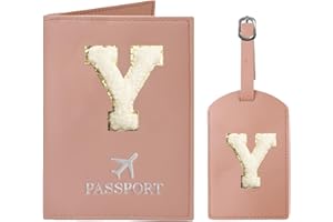 JOYRNALK Passport Holder for Travel Women Initial Passport Cover Passport Wallet Passport Case Travel Essentials Leather Passport Holder and Luggage Tags Set With Chenille Letter Patch for Travel Family Pink Y